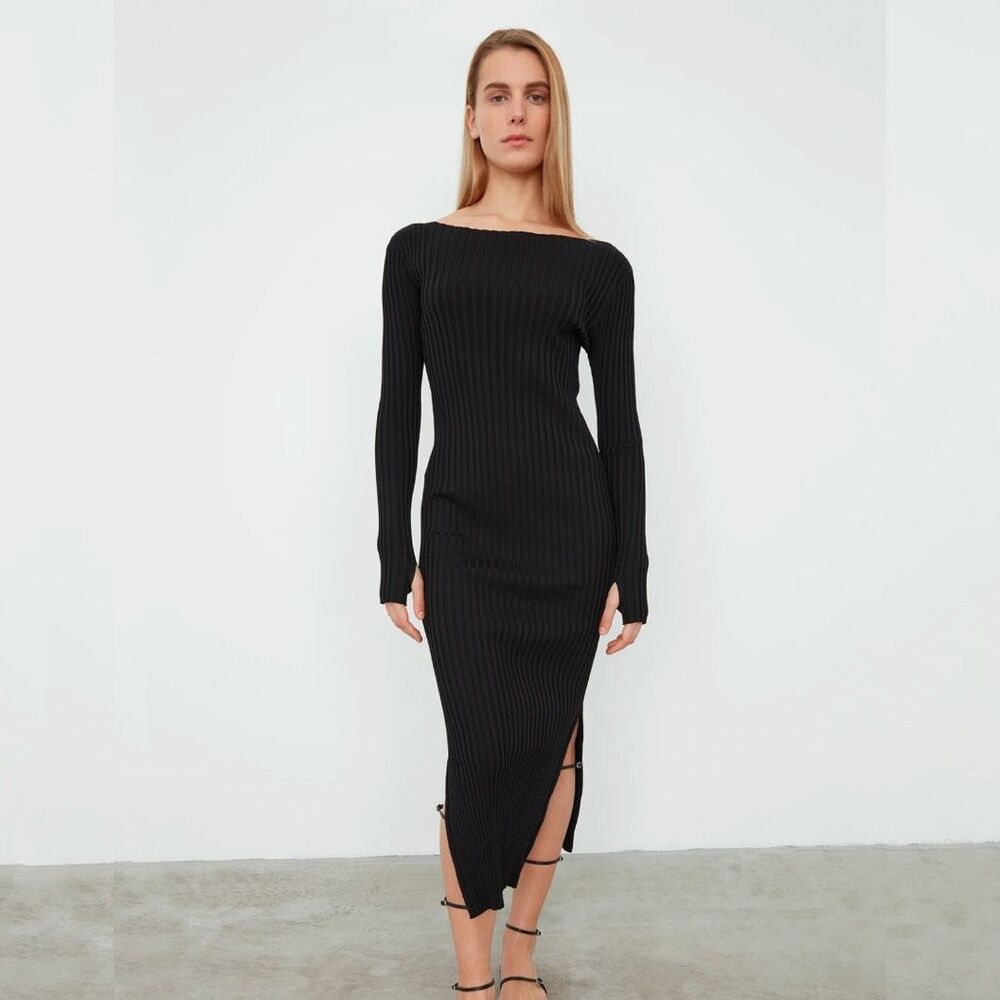 Toteme Dress Ribbed Knit Black Long Sleeve Orville‎ Midi Dress Size Medium